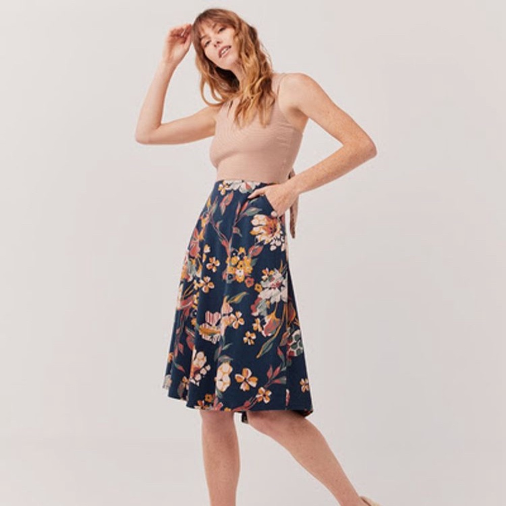 Pact tie-back dress in mixed orange stripe/blue floral